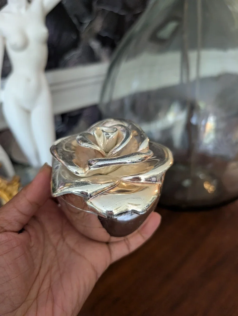 Vintage Silver Plate Rose Jewelry Box Trinket, Heavy Lined, 3.5